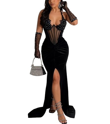 Jigfar Women's Sexy Velvet Rhinestone Halter Split Dress(F6801,Black,L) | L