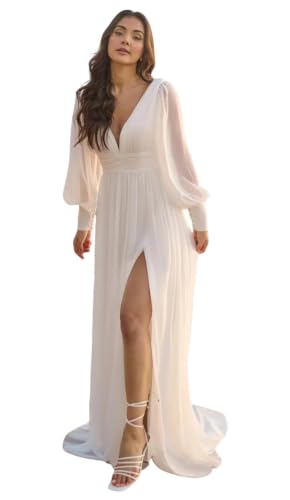 Simple Wedding Dresses for Bride White Long Sleeves Ruffles Empire Waist Deep V Neck Split Plus Size Sexy Beach Boho Bridal Gowns with Long Train US24W