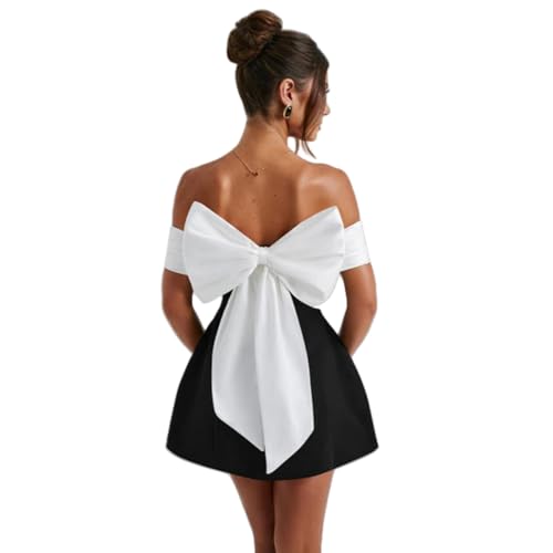 AIBEARTY Women Teens Elegant Big Bow Off Shoulder Mini Dress Sexy Strapless Backless Party Cocktail Evening Wedding Dresses