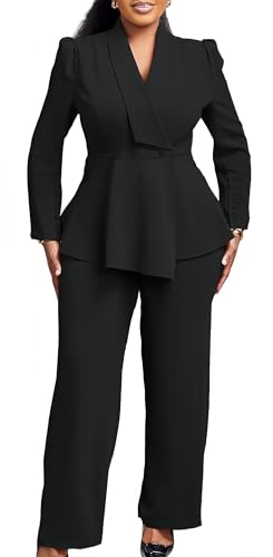 INR 2 Piece Outfits for Women Black Long Sleeve Business Casual Office Suit