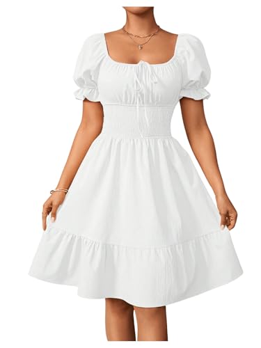 Floerns Women's Short Puff Sleeve Tie Front Milkmaid Dress Ruffle Hem A Line Dress White Large