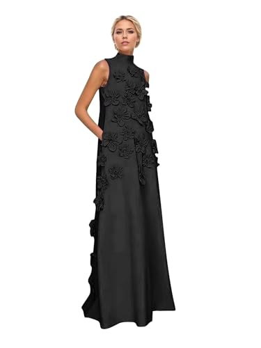 RYANTH Black Satin Mother of The Groom Dresses for Women 3D Flower Formal Gows Long A Line Fall Wedding Guest Dress with Pockets Size 6