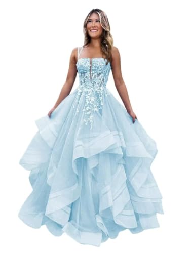 YGFARTS Ball Gown Prom Dresses Long Sparkly Tulle Lace Tiered Formal Evening Gowns Light Blue US0