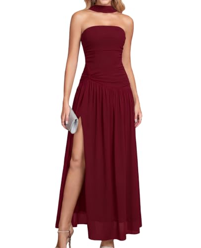 GLNEGE Halter Tube Top Strapless Formal Wedding Guest Cocktail Maxi Dress | Women's Ruched Pleated Mesh Slit Long Dress Elegant Evening Prom Bridal Shower Floral High Waist Dress