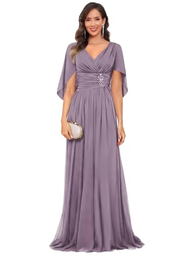 Kckrdj Mother of the Groom Dresses Wisteria Cape Sleeves A-Line Ruched Elegant Fall Wedding Guest Dresses for Women Size 14