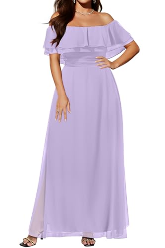 Pinup Fashion Plus Size Lavender Dress Bridesmaid Easter Long Chiffon Dress | Lavender, lilac light purple, chiffon, off-the-shoulder, layered ruffles, empire waist, bridesmaid, Easter party