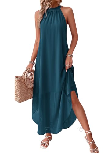 PRETTYGARDEN Women's Summer Wedding Guest Halter Maxi Dresses, Lake Blue,M