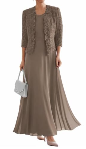 2 Pieces Mother of The Bride Dresses for Wedding Laces Chiffon | Two Pieces Mother of The Bride Dresses 2026, Laces Chiffon, Jacket, 3/4 Sleeve, Wedding Guest, Long Evening Formal Dress