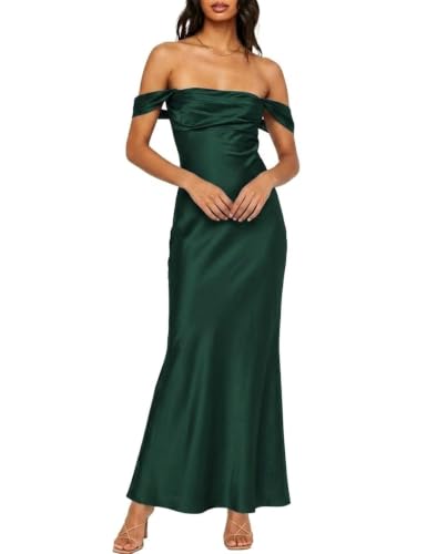 Realtix Satin Off The Shoulder Strapless Bridesmaid Maxi Dress for Women