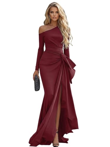 RYANTH Burgundy One Shoulder Prom Dresses for Women Satin Mermaid Cocktail Gown Long Sleeve Formal Evening Party Gown Size 10