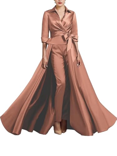 3 Pieces Jumpsuit Mother of The Bride Dress for Women V Neck Satin Elegant Formal Evening Dress for Women with Bow Coral Size 02