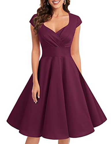 Bbonlinedress Women Vintage 1950s Retro Cocktail Party Swing Dress Formal Wedding Guest Dress Burgundy M