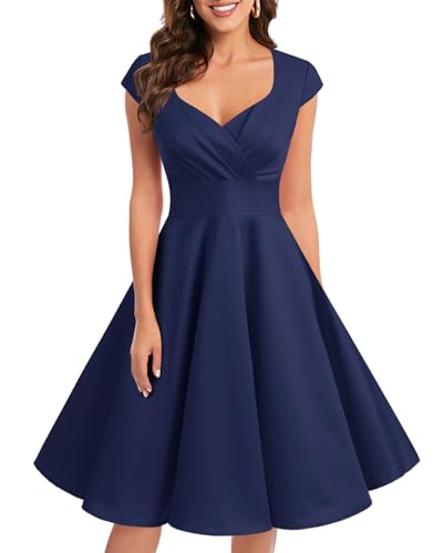 Bbonlinedress Women's Navy Wedding Guest Dress 1950s Vintage Retro Cocktail Party Swing Dress Knee Length Short Bridal Shower Winter Spring Semi-Formal Dresses Navy S