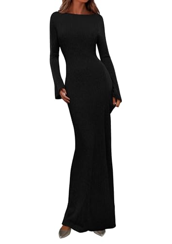 PRETTYGARDEN Women's Fall Long Sleeve Bodycon Maxi Dresses (Black,L) | Stretchy Ribbed Knit, Boat Neck Bell Sleeve, Fitted Sweater Dress, Casual Elegant, Wedding Guest Party, Winter Clothing