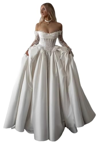Long Sleeves Off Shoulder Wedding Dresses for Bride Lace Applique 2026 3D Flower Satin Bridal Ball Gowns for Women with Corset Ivory Size 4