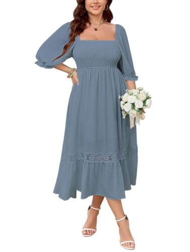 SCOMCHIC Womens 2086 Plus Size Fall Dresses White Bridal Shower Maxi Dress | Square Neck, Smocked, Spring, Flowy A-Line, Lace Trim, Boho, Wedding Guest, Tea Party Dress
