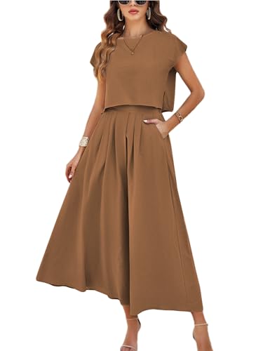 HangNiFang Summer Skirt Sets Women 2 Piece Outfits Cap Sleeve Top Elastic Waist Maxi Dress Sets with Pockets(1218-Brown-XL)