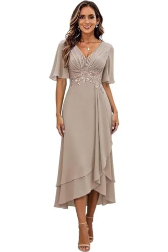 Short Sleeves Taupe Mother of The Groom Dresses for Women Tea Length,US12 | Appliques Grandmother of The Bride Dresses Chiffon Midi Wedding Guest Dresses for Women Formal