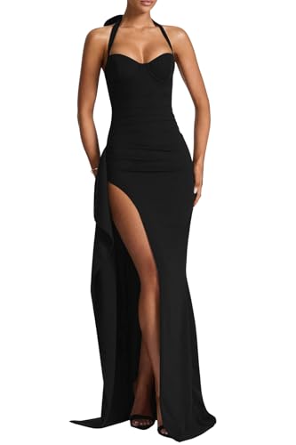 Memoriesea Women's Elegant Halter Neck Tie Ruched Bodycon Formal Wedding Party Maxi Dress Black