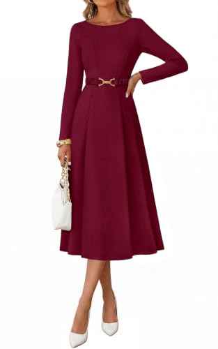 PRETTYGARDEN Womens Long Sleeve Wedding Guest Dresses, Burgundy, L