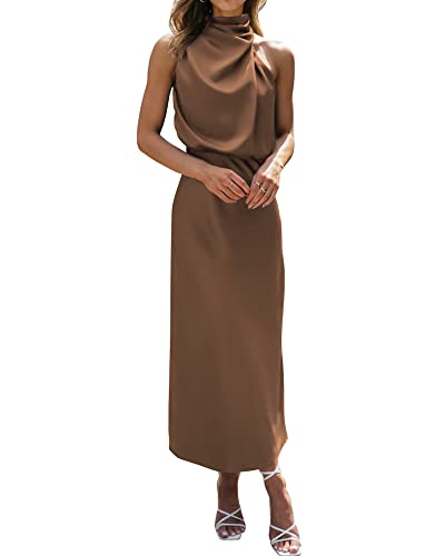 BTFBM Mock Neck Cocktail Dresses for Women Summer,Khaki,M
