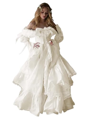 Puffy Off the Shoulder Formal Ball Gowns for Women Vintage Prom Dresses with Long Sleeve Wedding Gown Ivory