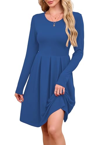 KORSIS Womens Kelin Blue Medium Dress Casual Swing T-Shift Auntumn Spring Long Sleeve Round Neck Loose Vacation Beach High Waist Tunic Dresses with Legging