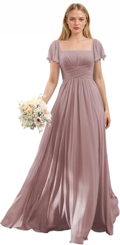 Eldecey Women's Modest A Line Bridesmaid Dress Long Ruched Dusty Mauve Square Neck A-Line Flutter Sleeves Maid of Honor Dress for Wedding 2026 US10
