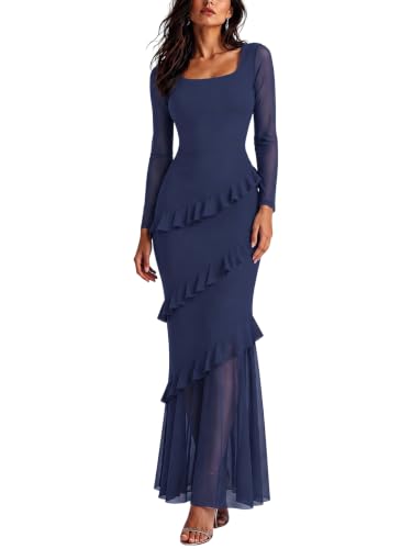 Nova In Sky Womens Mesh Long Sleeve Ruffle Wedding Guest Dresses Navy L