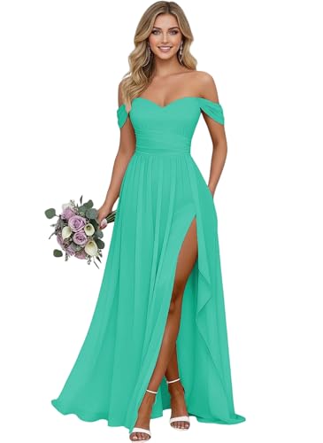Off Shoulder Chiffon Bridesmaid A Line Wedding Guest Dresses Turquoise 16W