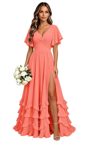 Flutter Sleeve Bridesmaid Dresses Long Chiffon Formal Evening Party Dress Coral-16