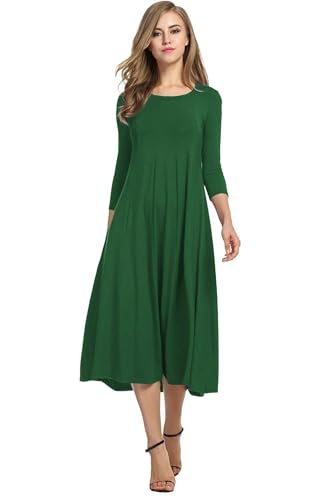 HOTOUCH Women's Loose Fit Dress Midi Flared Dress Church Dress (Dark Green M)