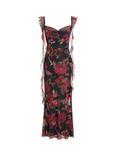CIDER Women's Wedding Guest Dress Sleeveless Mesh Ruffle Maxi Formal Dress