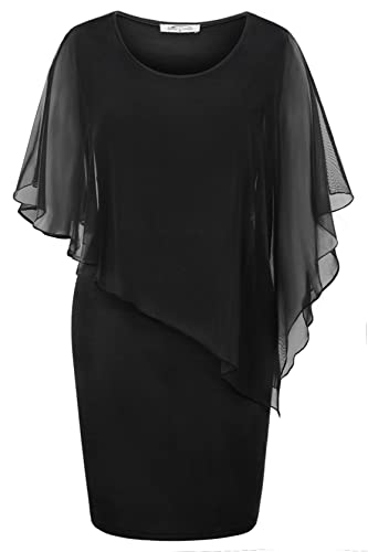 SeSe Code Black Dresses for Women Cocktail, 2026 Summer Wedding Guest Mesh Cape Overlay Bodycon Knee Length Party Formal Pencil Dress M