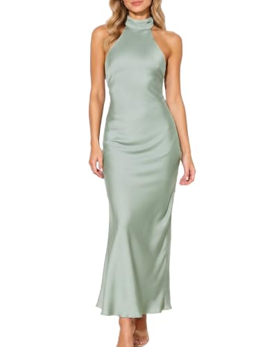 Women Summer Satin Halter Neck Backless Formal Wedding Guest Maxi Dress