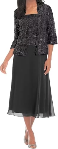 3/4 Sleeve Mother of The Bride Dresses for Women 2 Piece Tea Length Chiffon Lace Mother of Groom Dress with Jacket Black Us2