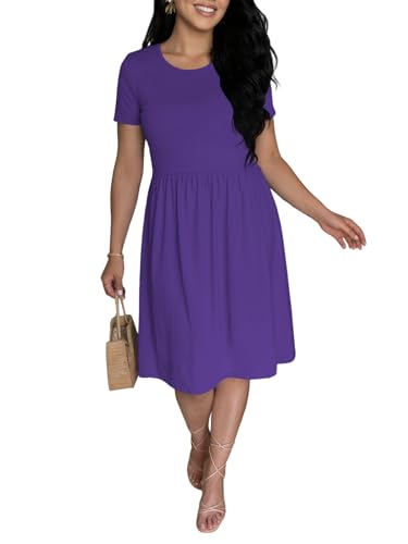 Ulovmi Women's Casual Short Sleeve A-Line Midi Dress Crew Neck Flowy Swing Dress with Pockets for Summer Everyday Wear-Dark Purple-XL