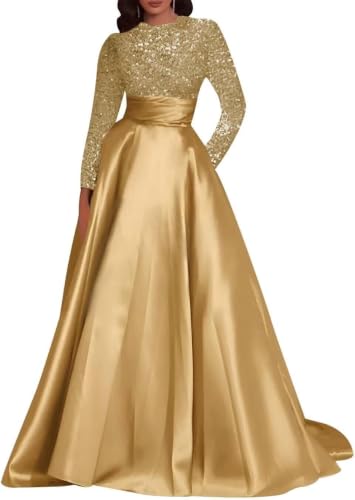 QZCSEG Long Sleeves Prom Dress 2026 A Line Evening Dresses for Women Satin Sequin Formal Gown with Pocket Gold Plus Size 16