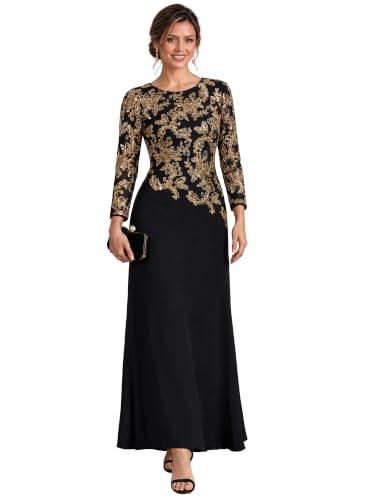Ever-Pretty Women's Sequin Bodycon Maxi Formal Wedding Guest Dresses | Long Sleeve, Round Neck, Stretchy, Semi Formal Dress, Mother of the Bride Dresses, Black Gold US10
