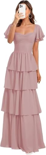 Falsery Chiffon Bridesmaid Dresses Long for Women 2026 A Line Tiered Wedding Guest Dress Square Neck Ruffles Formal Evening Gown Mauve