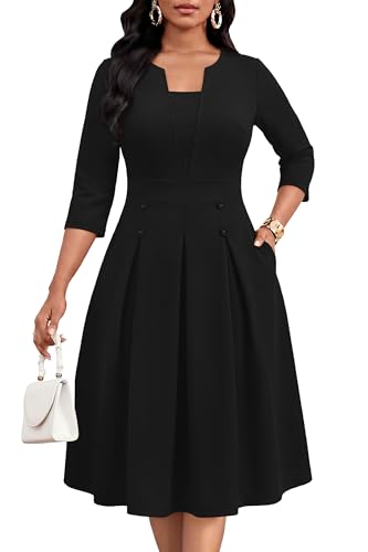FANDEE Women's Church Midi Dress, 3/4 Sleeve A-Line Fit and Flare Work Dresses with Pockets