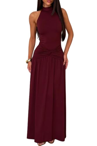 Memoriesea Women's Formal High Neck Ruched Backless Maxi Dress Burgundy | Sleeveless Ruched Waist Maxi Dress,Stretchy Bodycon,Formal Cocktail Party,Wedding Guest,Dancing,Dating,Dinner Events,Birthday