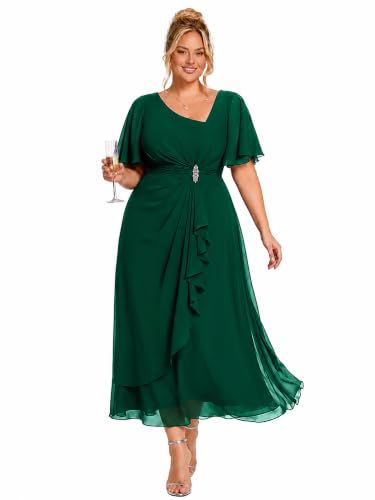 Ever-Pretty Plus Women's Chiffon Maxi Plus Size Formal Cocktail Dress | Short Sleeve, Smocked Waist, A Line, Plus Size Wedding Guest Dress, Plus Size Mother of Bride Dresses, Dark Green US14