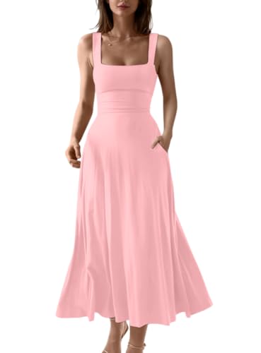 OYS Women's Casual Sleeveless Square Neck A-Line Flowy Long Dress Pink