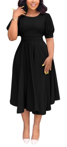 WUSENST Black Church Dresses for Women Short Sleeve O-Neck Business Casual A-line Dress Elegant Wedding Guest