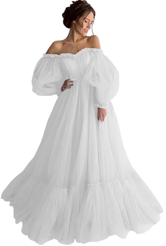 Puffy Sleeve Lace Wedding Dress for Bride with Pockets Off Shoulder Tulle Ball Gown Formal Dresses for Bride White 10