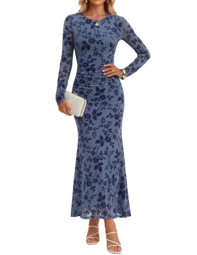 ZESICA Womens Long Sleeve Floral Maxi Fall Cocktail Work Dress Dusty Blue S