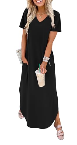 WIHOLL Dresses for Women 2026 Vacation Casual Maxi Summer Tshirt Dress V Neck Weddging Guest Sundress L Black