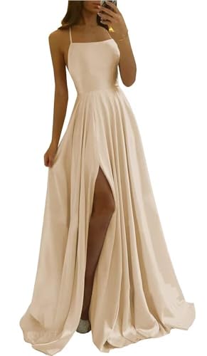 Tvuyet Backless Prom Dress Champagne with Pockets A Line 2026 Spaghetti Straps High Slit Evening Gown with Slit Champagne 2