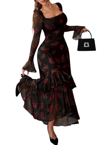 GothDark Women's Party Wedding Guest Maxi Dress Red Floral X-Large